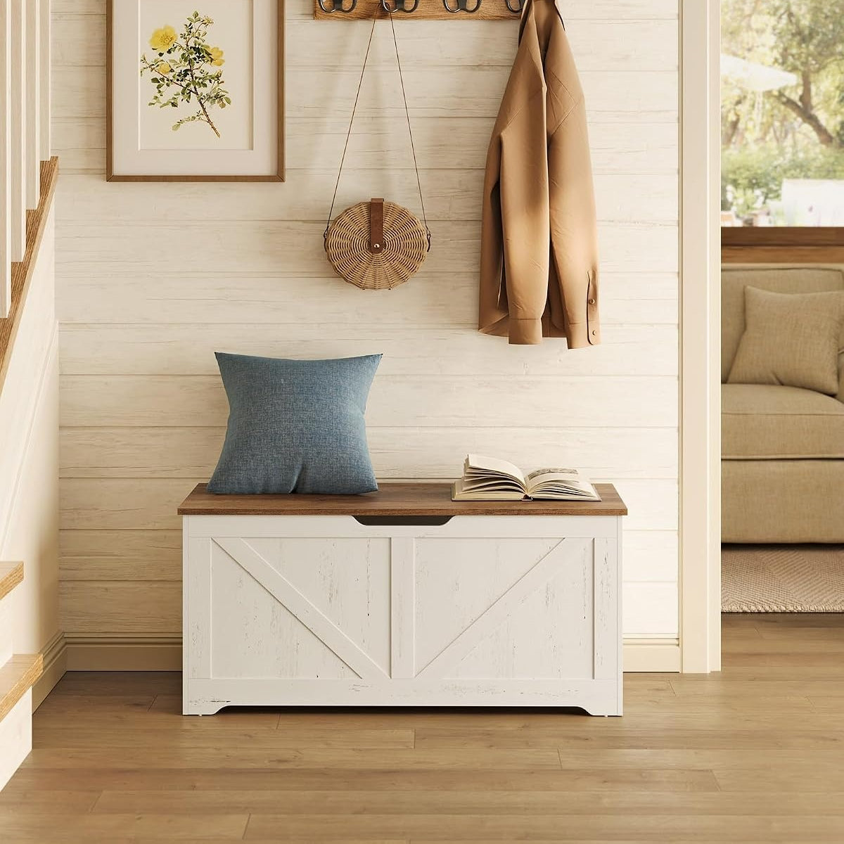 Honey Brown White Farmhouse Storage Bench
