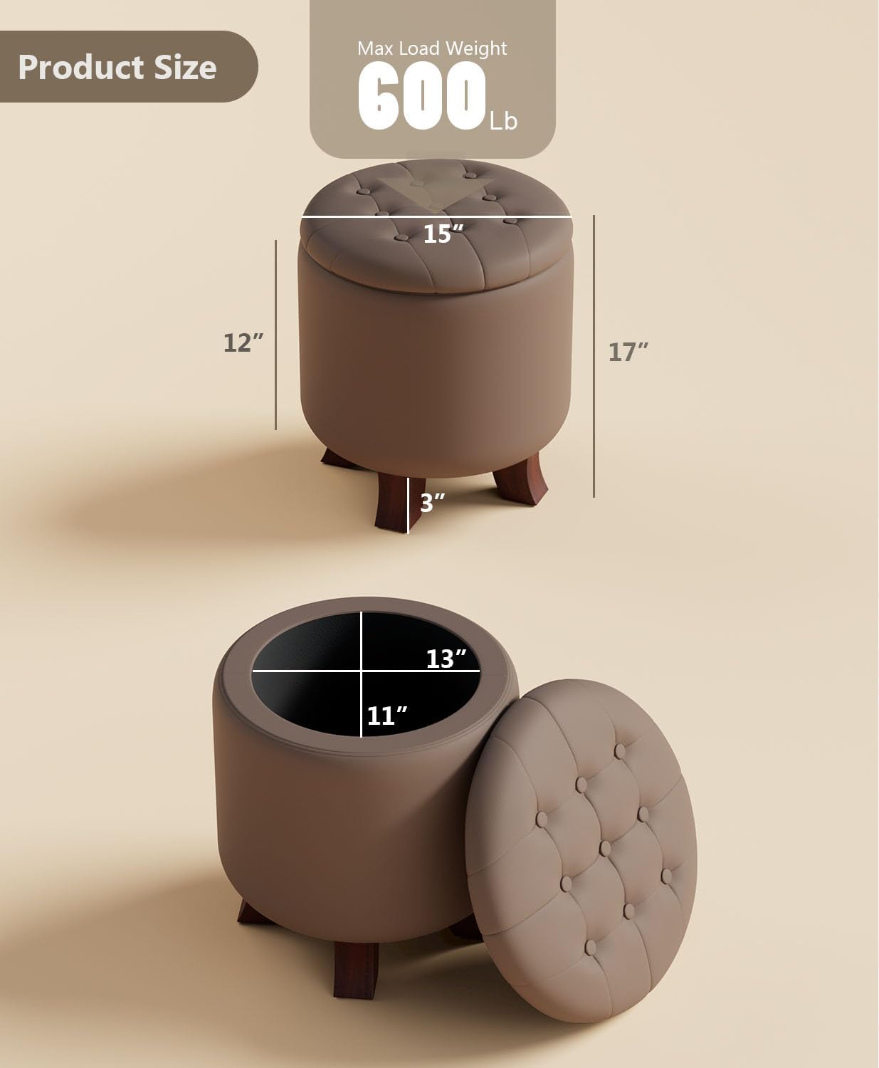 Round Brown Leather Storage Ottoman