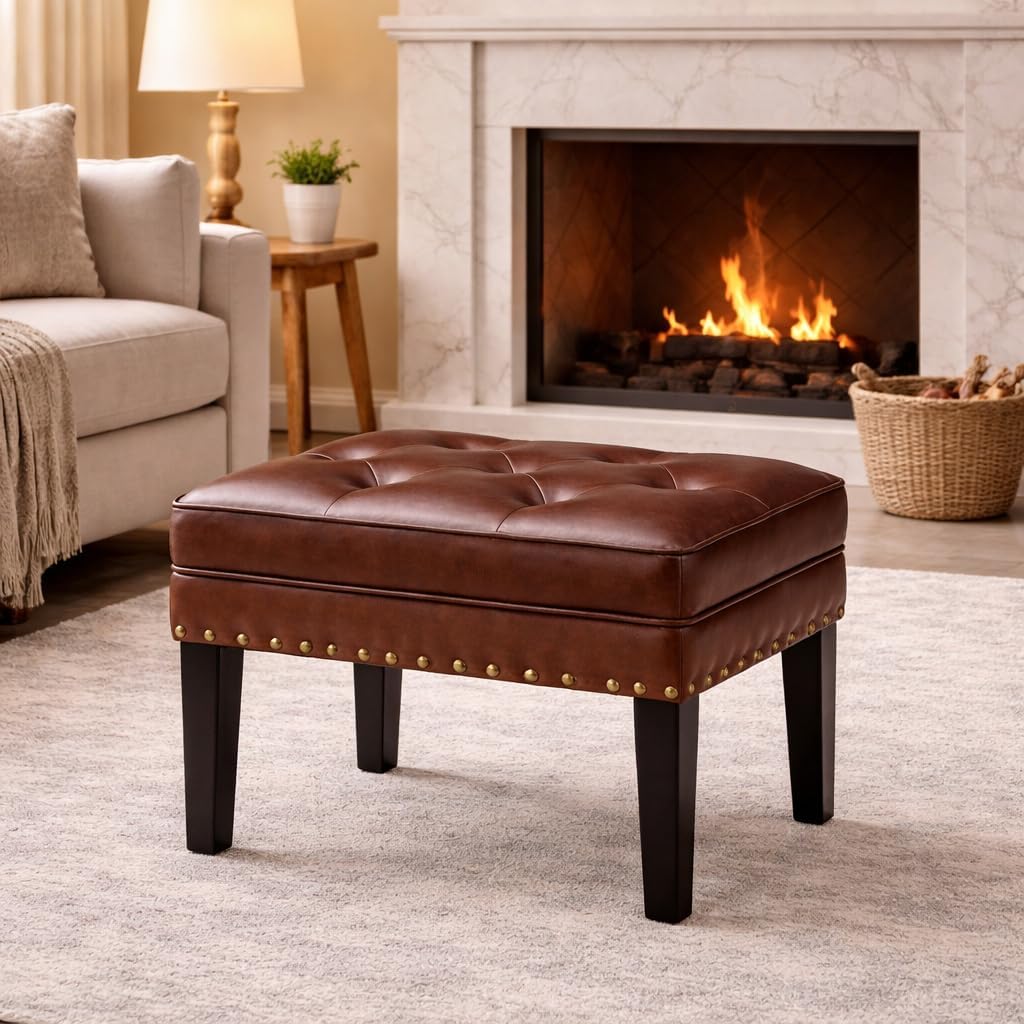 Tufted Leather Square Ottoman