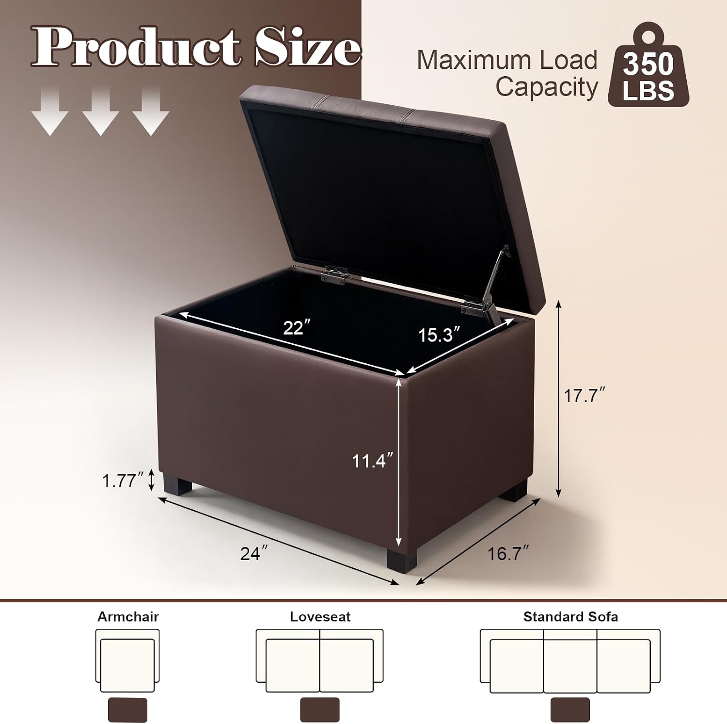 24 Inch Brown Leather Storage Ottoman Bench