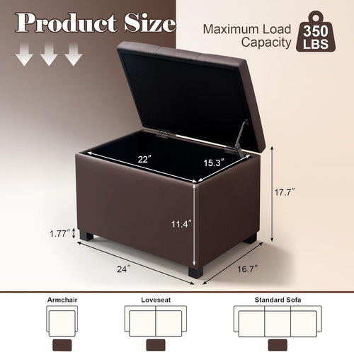 24 Inch Brown Leather Storage Ottoman Bench