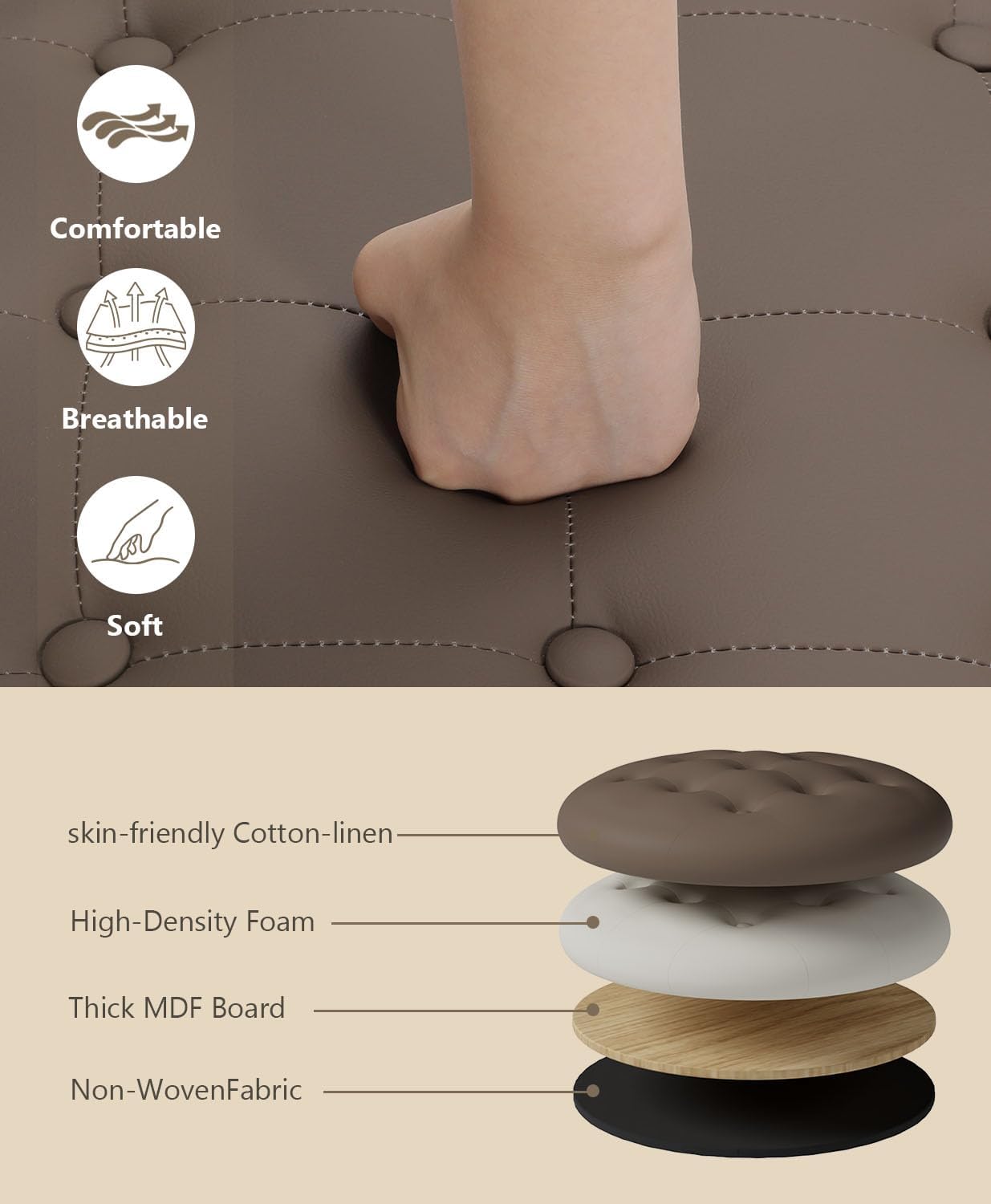 Round Brown Leather Storage Ottoman