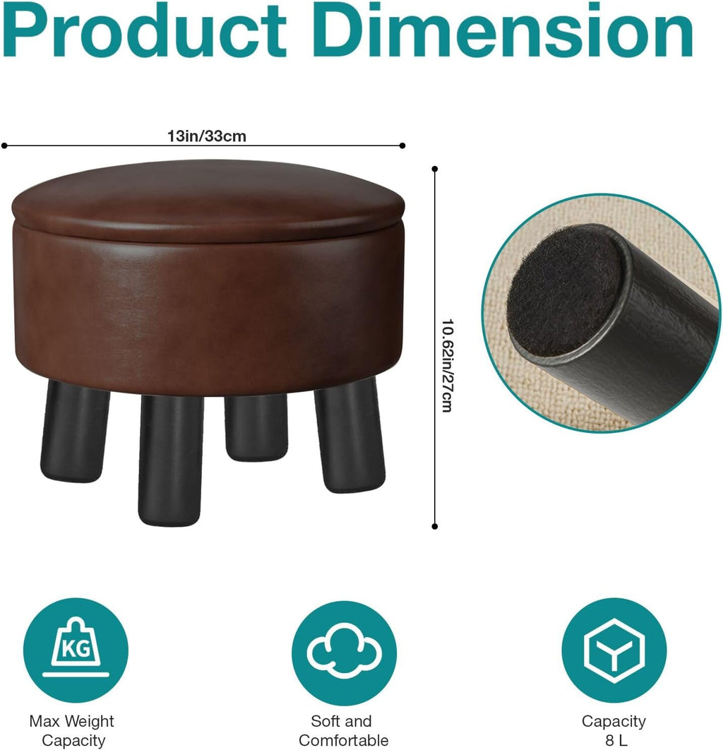 Brown Round Leather Storage Ottoman