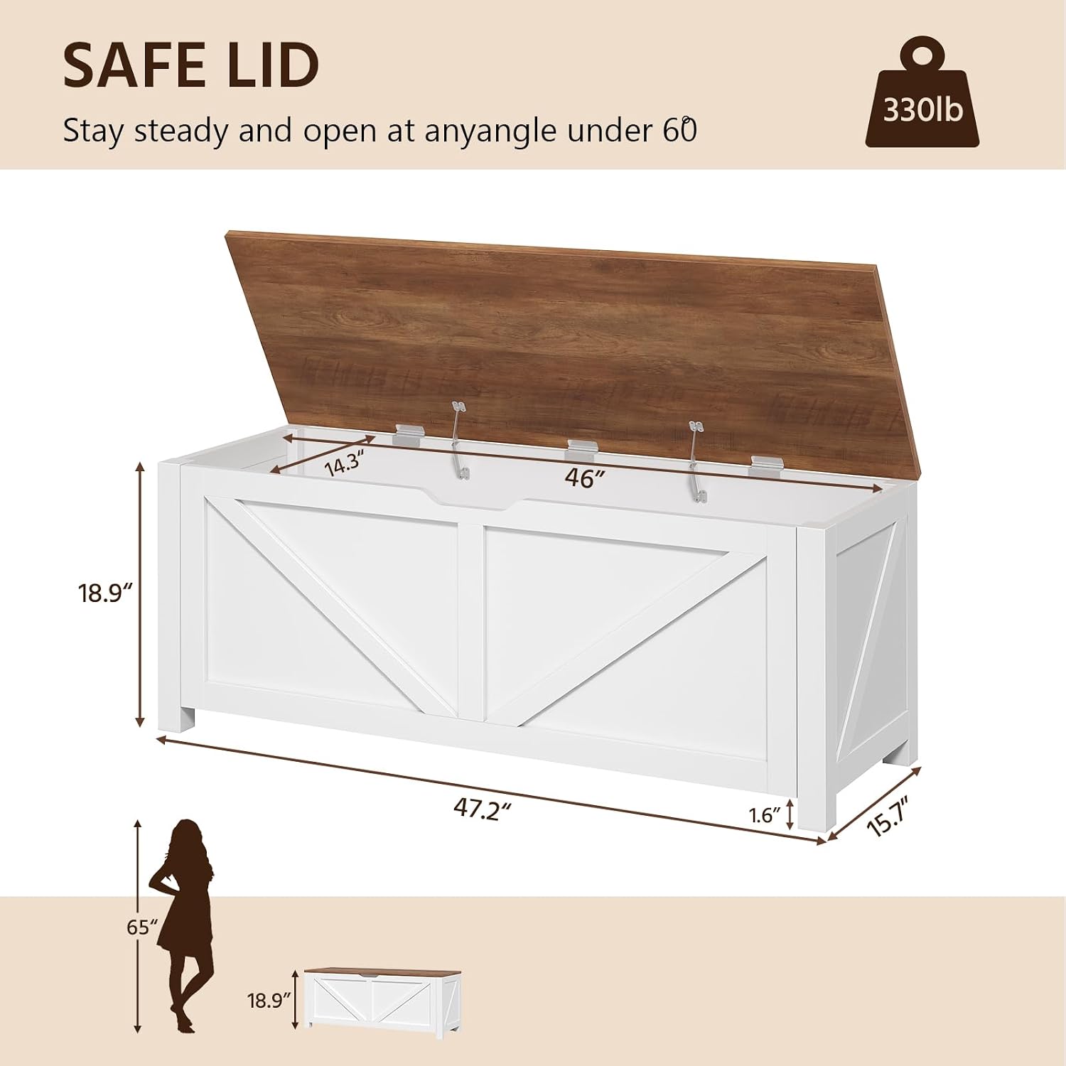 47.2 Inch Farmhouse Wooden Storage Chest Bench