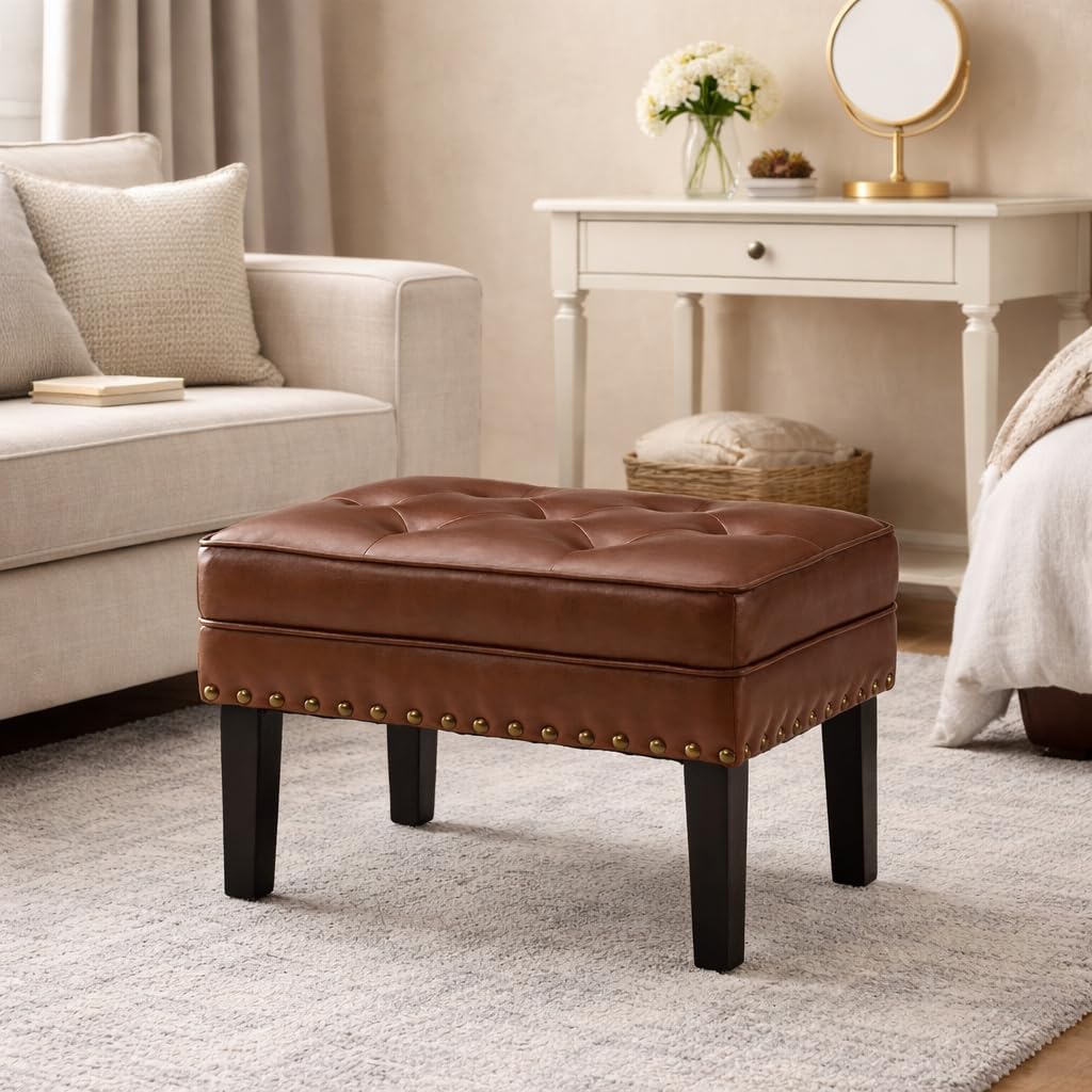 Tufted Leather Square Ottoman
