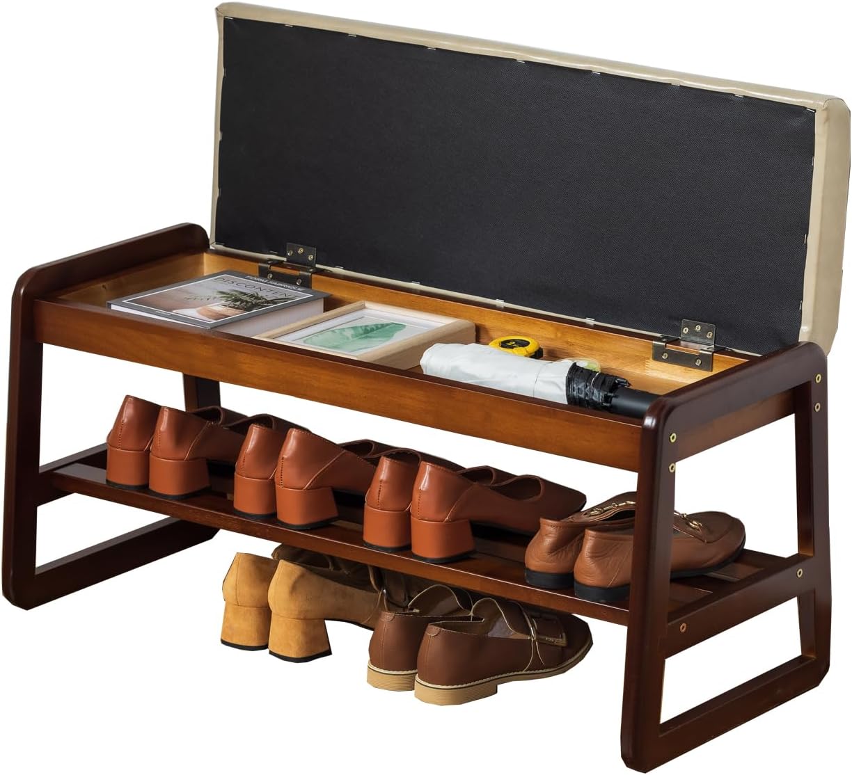 Gray Cushioned Wood Flip Top Shoe Bench