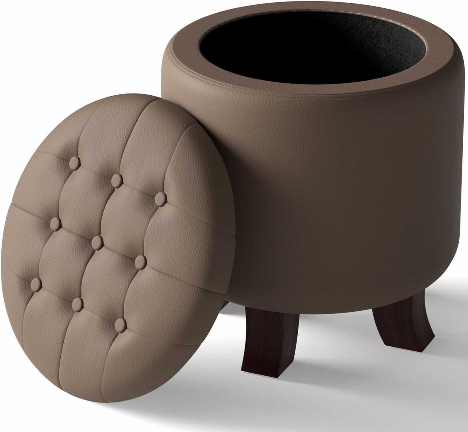 Round Brown Leather Storage Ottoman