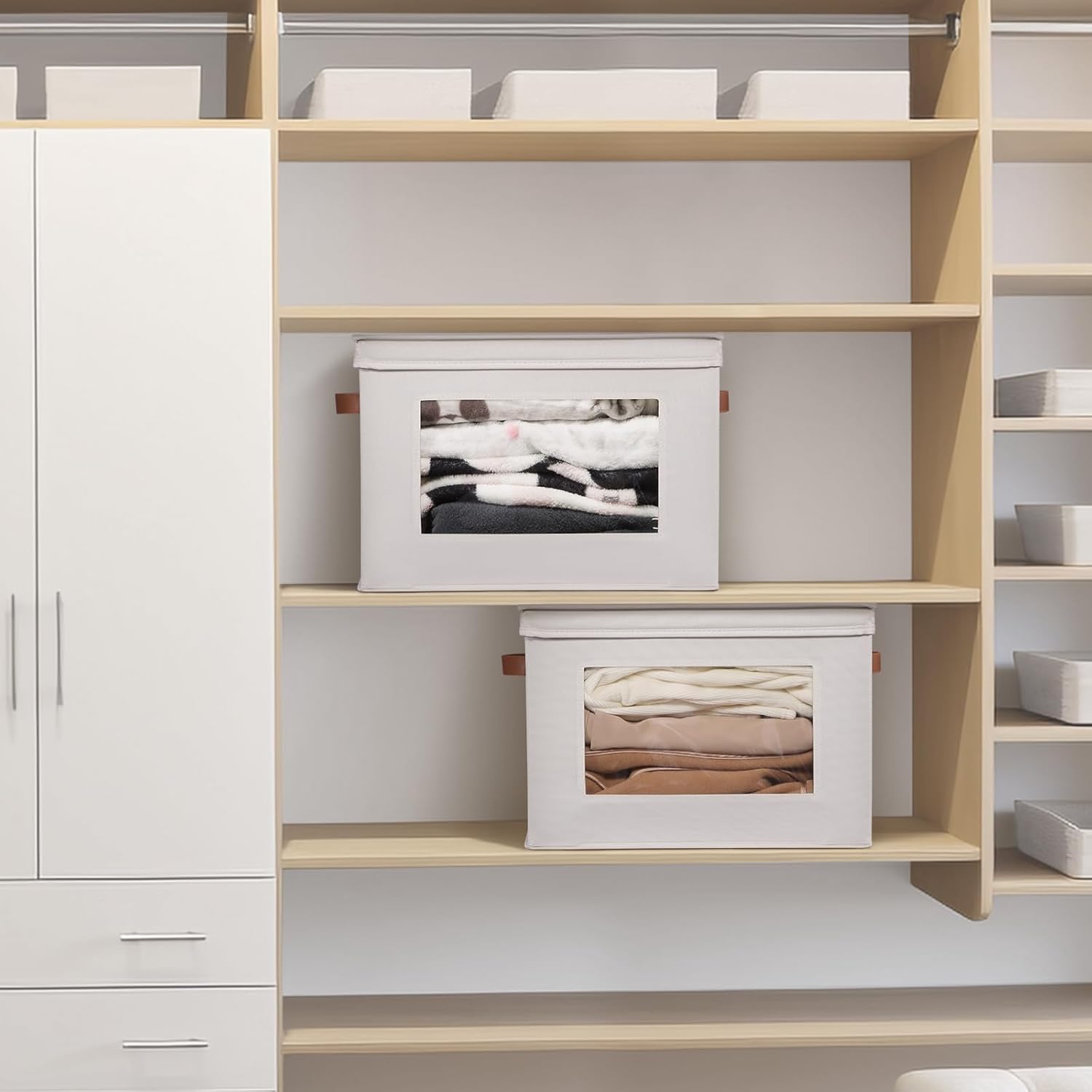 3 Beige Handle Fabric Storage Bins