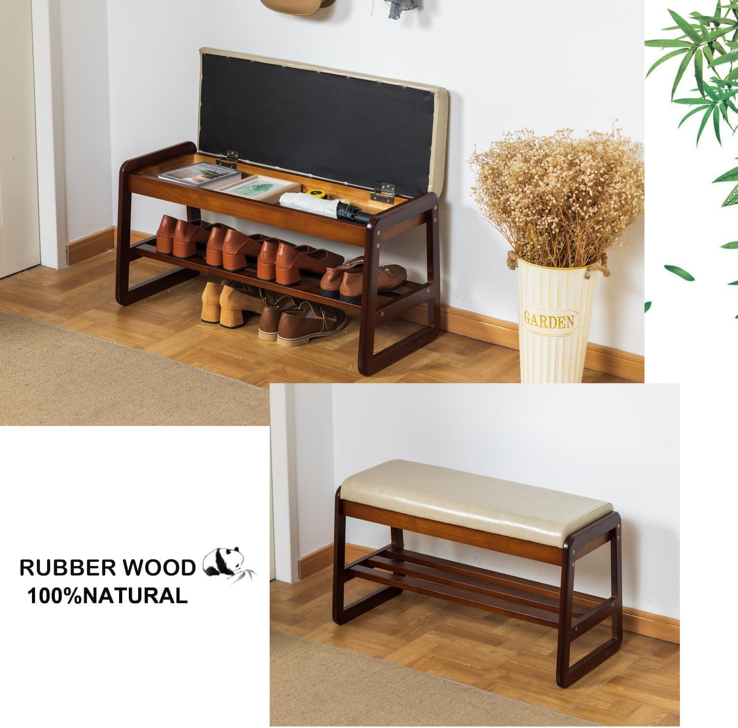 Gray Cushioned Wood Flip Top Shoe Bench