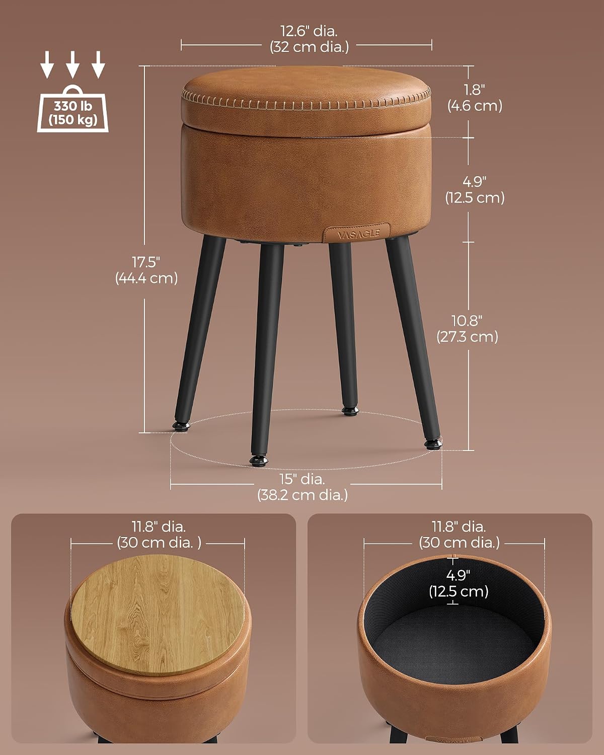 Caramel Round Leather Storage Ottoman