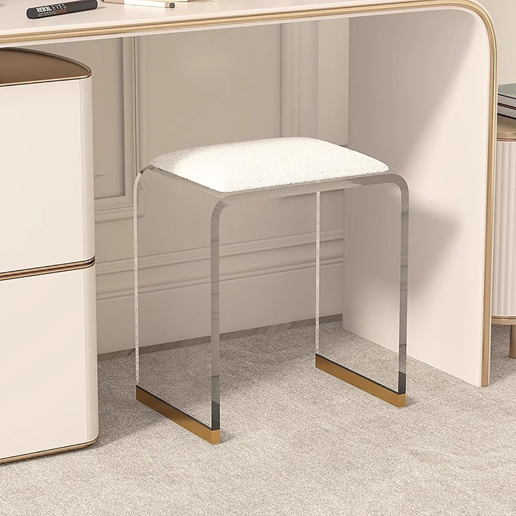 White Sherpa Cushion Clear Acrylic Vanity Stool