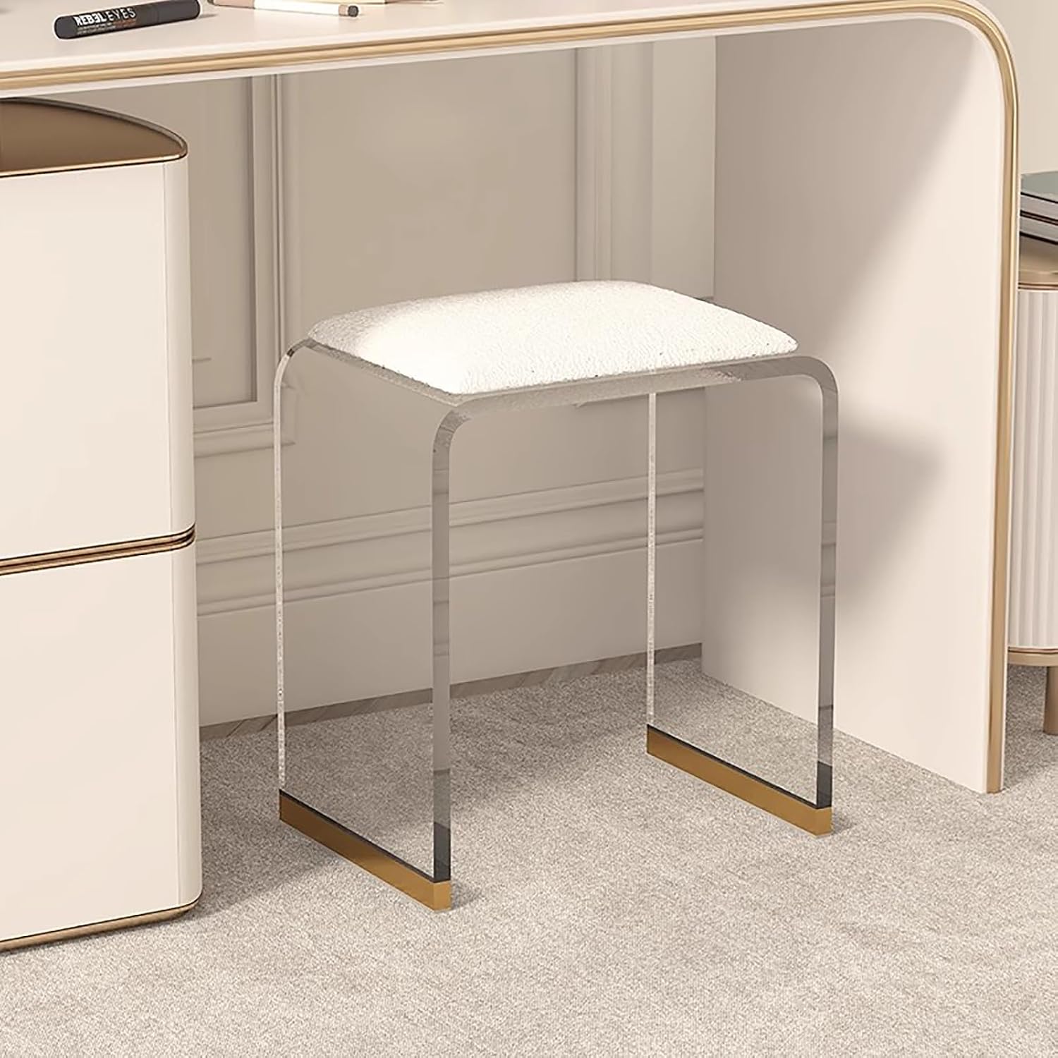 White Sherpa Cushion Clear Acrylic Vanity Stool