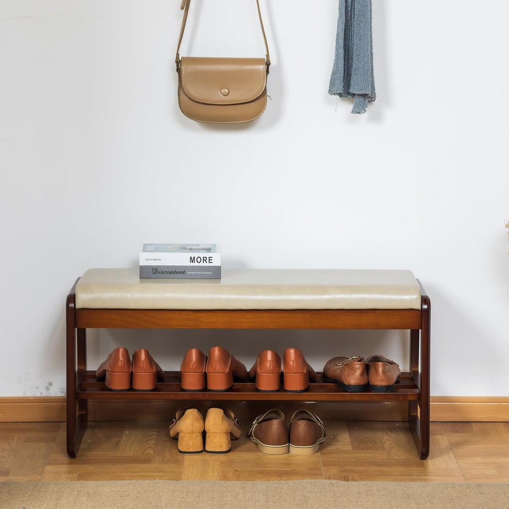 Gray Cushioned Wood Flip Top Shoe Bench