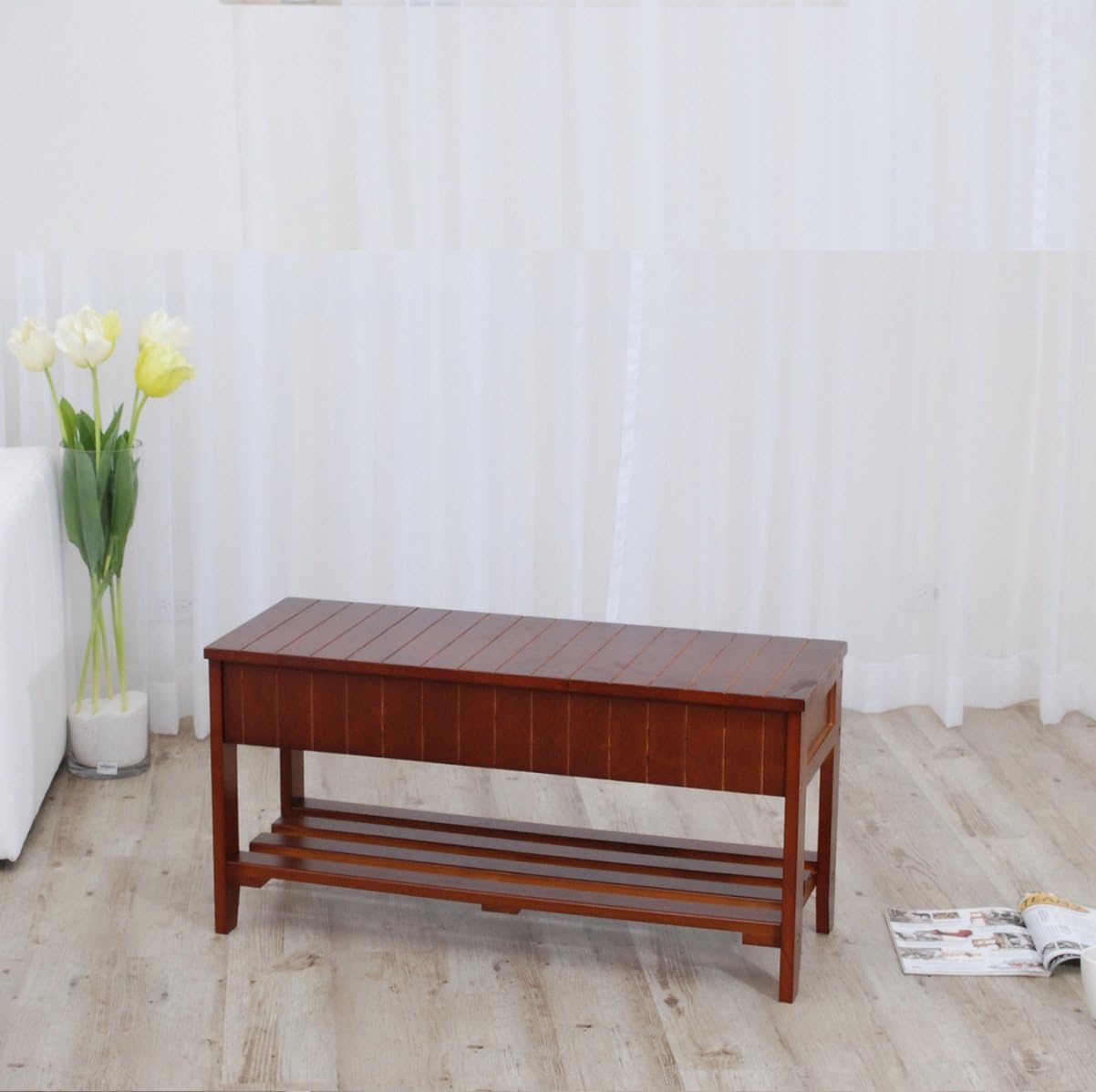 Cherry Wood Farmhouse Storage Shoe Bench