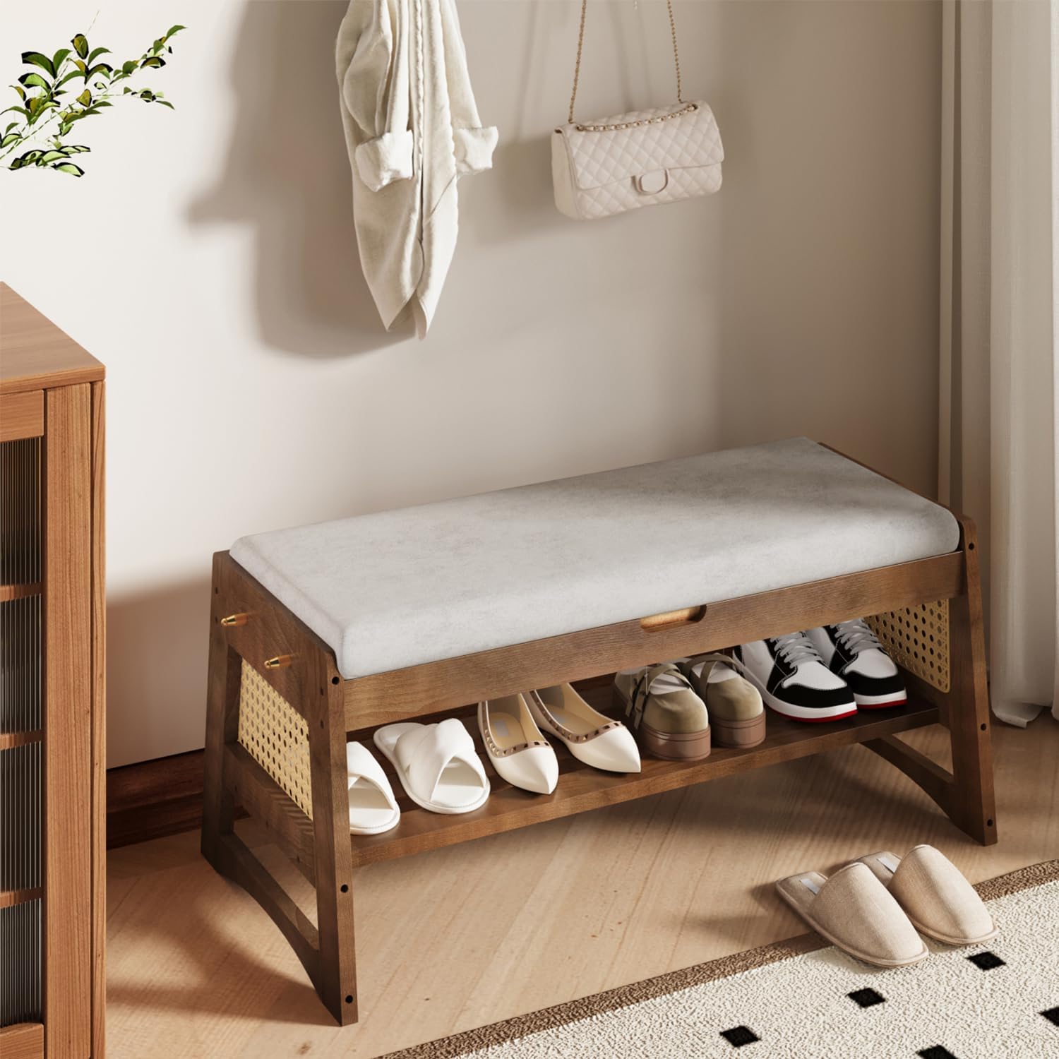 Wood Cushioned Flip Top Shoe Storage Bench