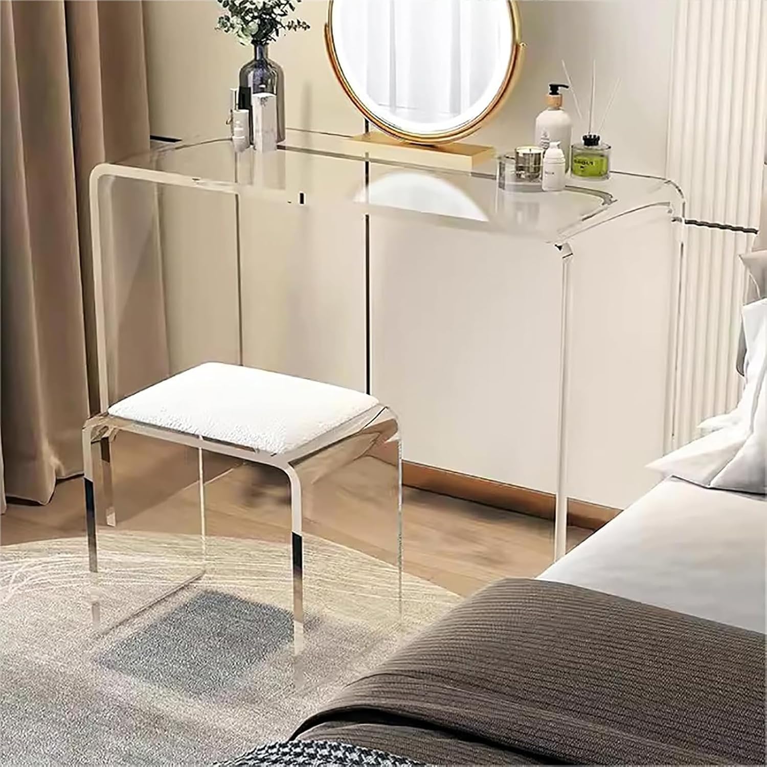 White Sherpa Cushion Clear Acrylic Vanity Stool
