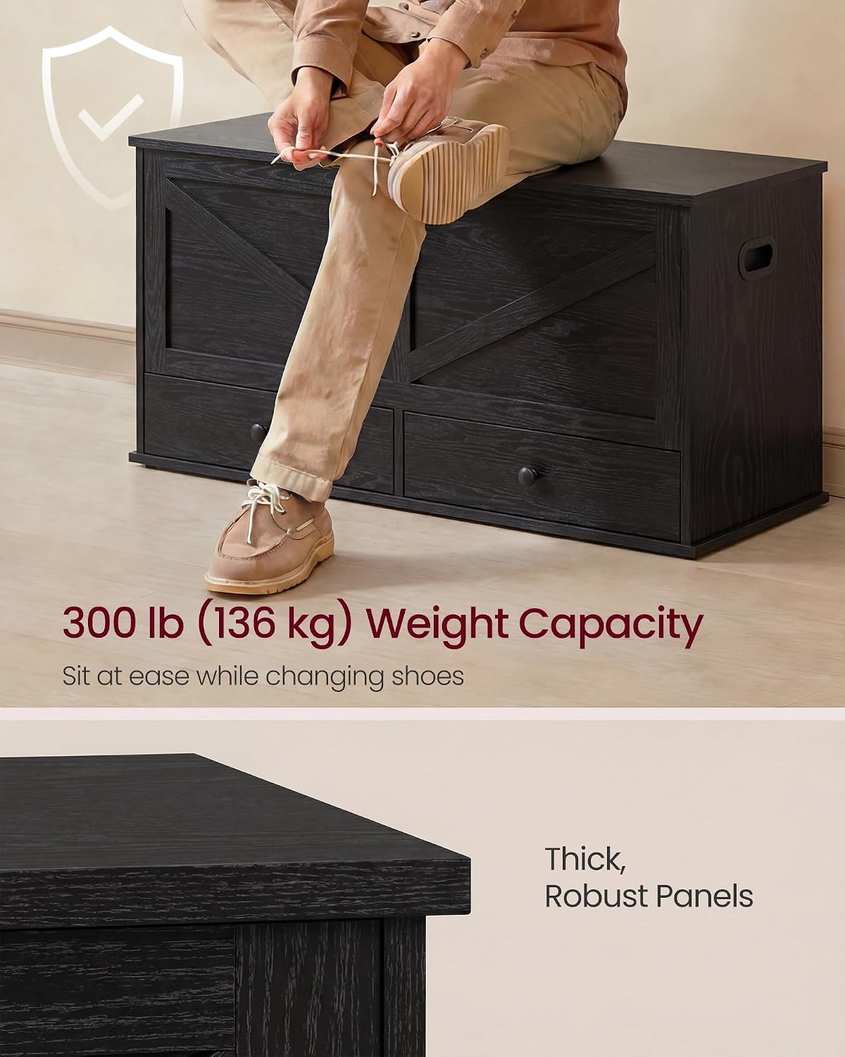 Black Farmhouse Storage Bench With Drawers