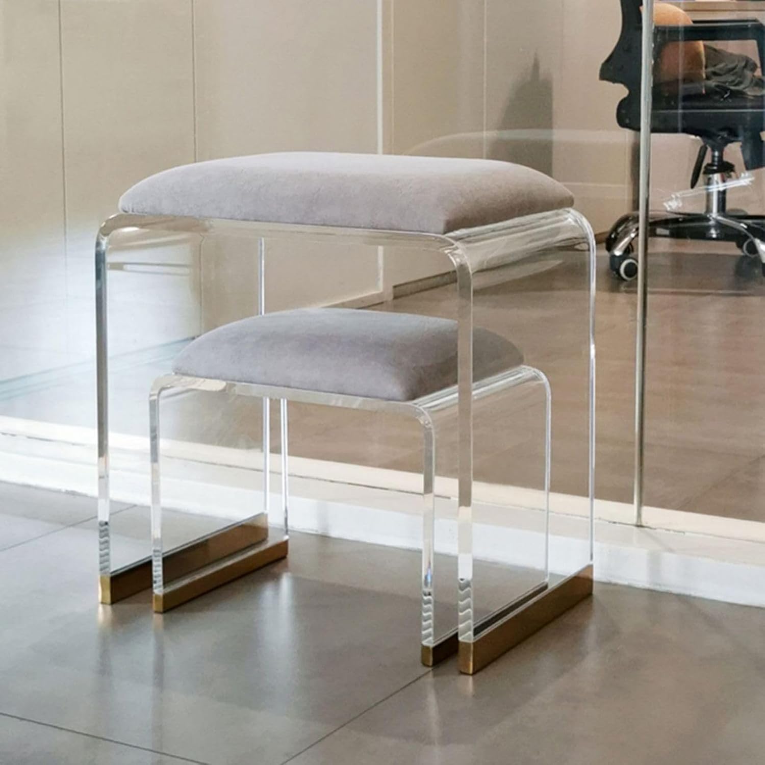 Gray Velvet Gold Acrylic Vanity Stool