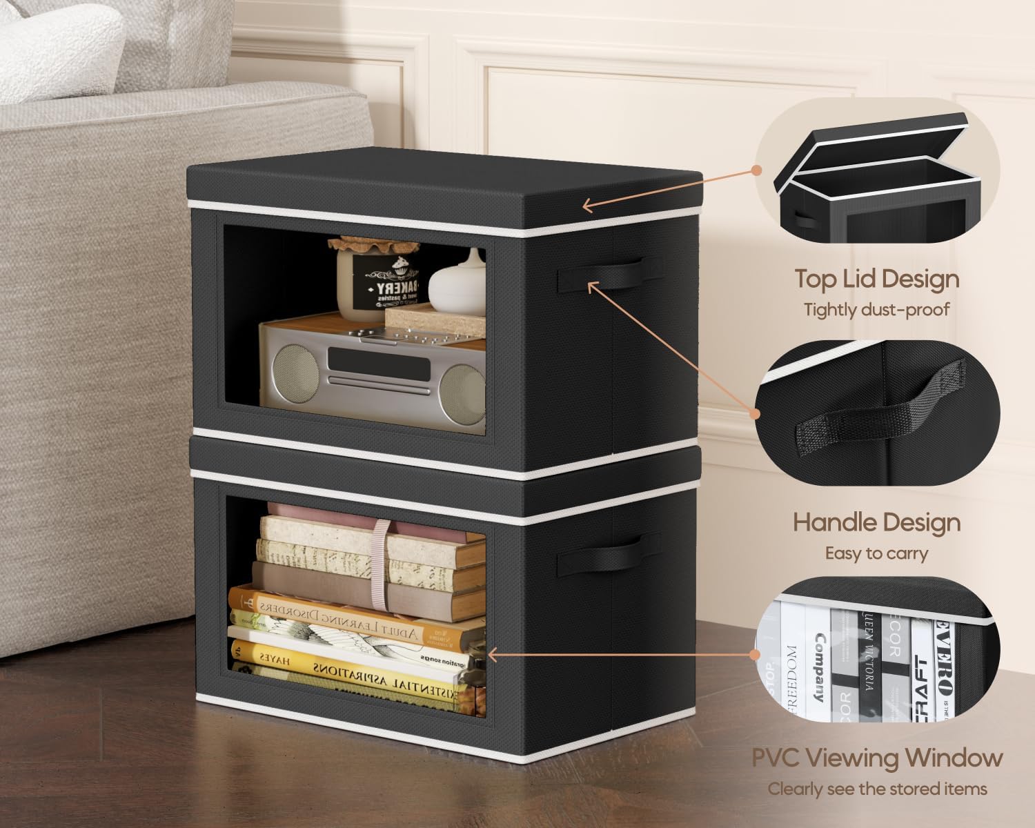 3 Black Window Fabric Storage Bins