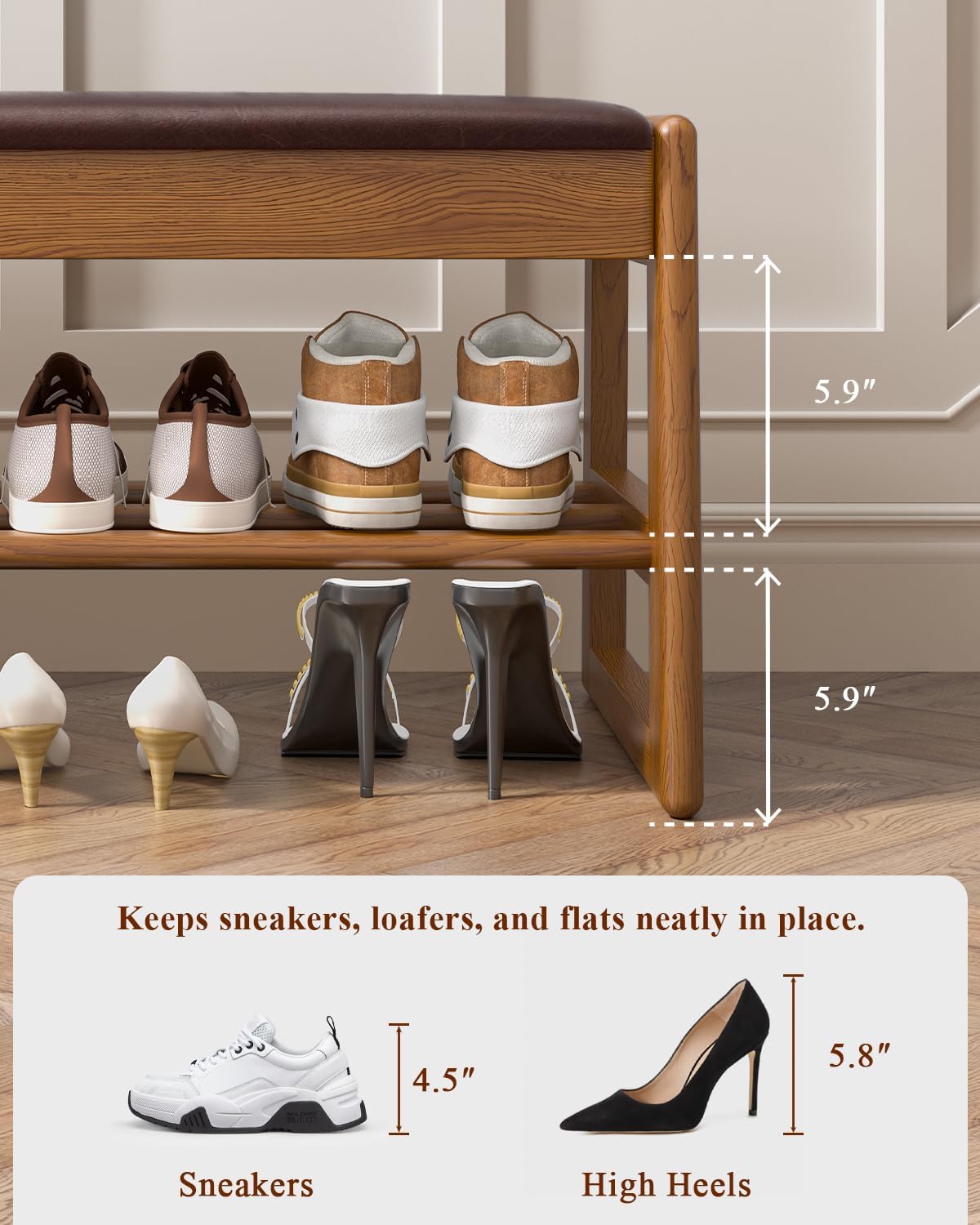 Wood Leather Cushion Storage Shoe Bench