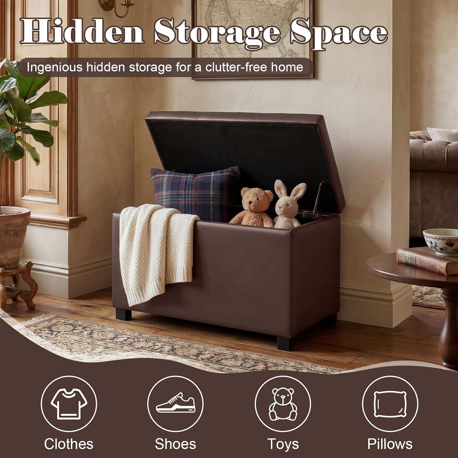 24 Inch Brown Leather Storage Ottoman Bench