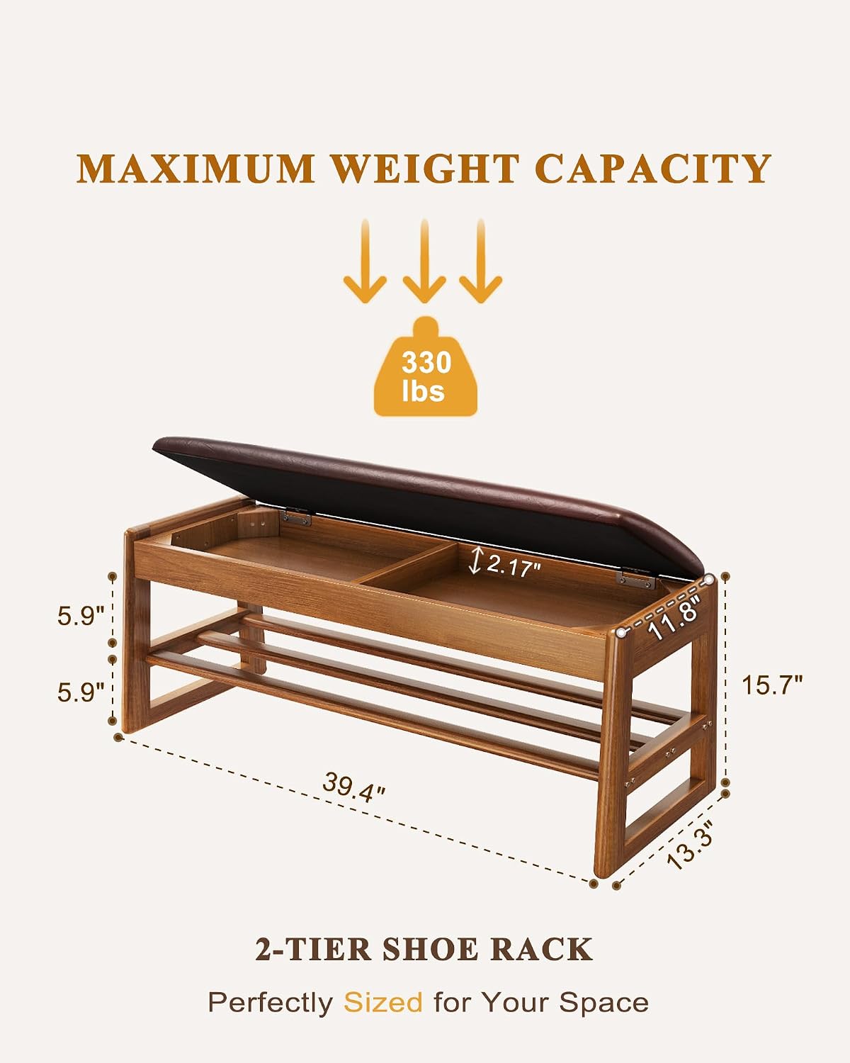 Wood Leather Cushion Storage Shoe Bench