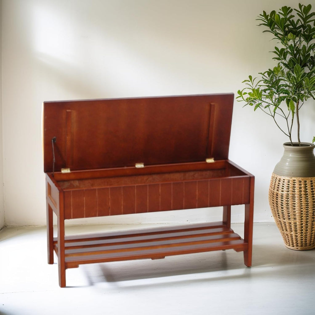Cherry Wood Farmhouse Storage Shoe Bench