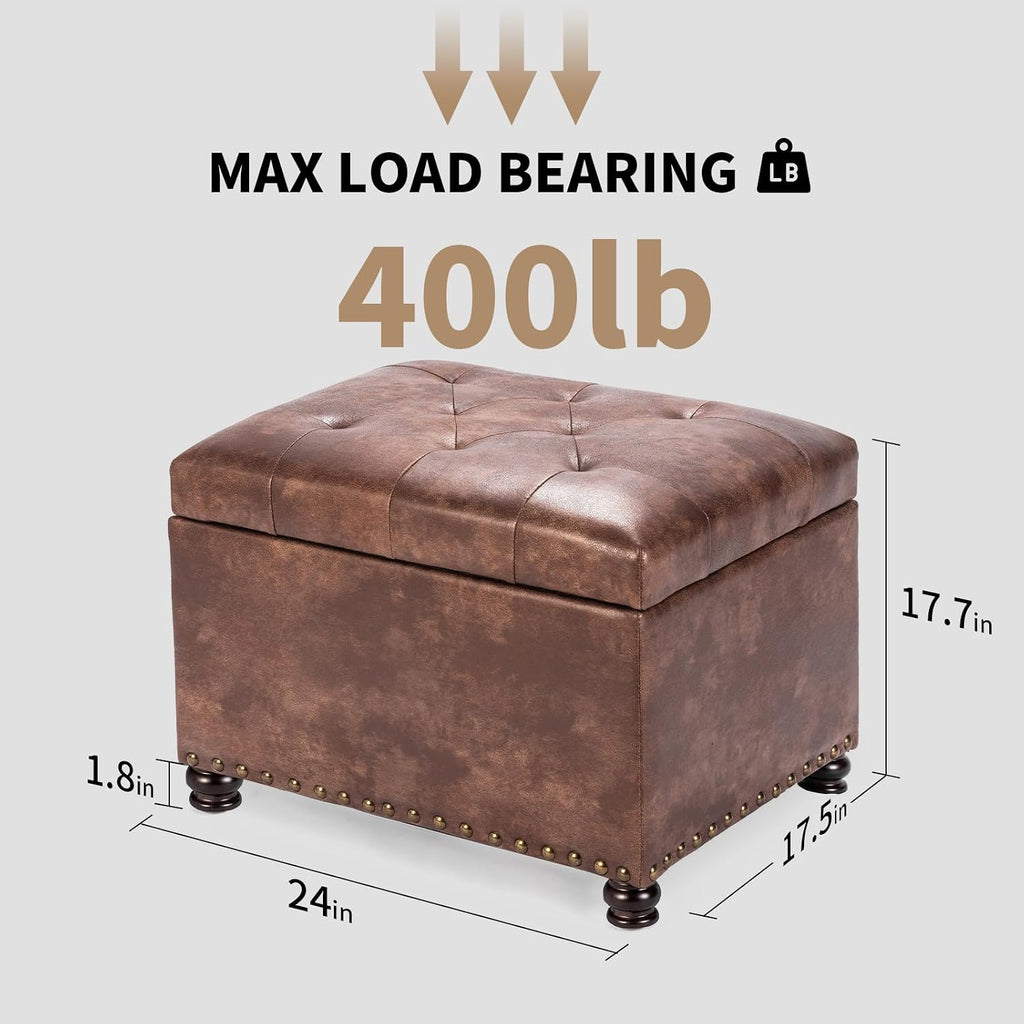 24" Tufted Leather Storage Ottoman Bench