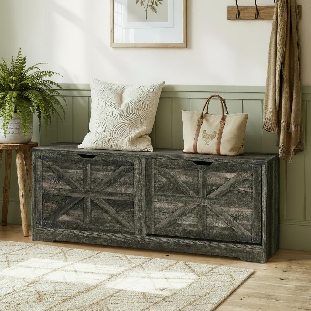 55 Inch Farmhouse Drawer Shoe Storage Bench
