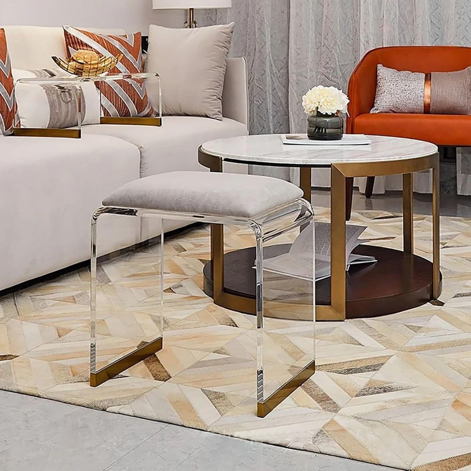 Gray Velvet Gold Acrylic Vanity Stool