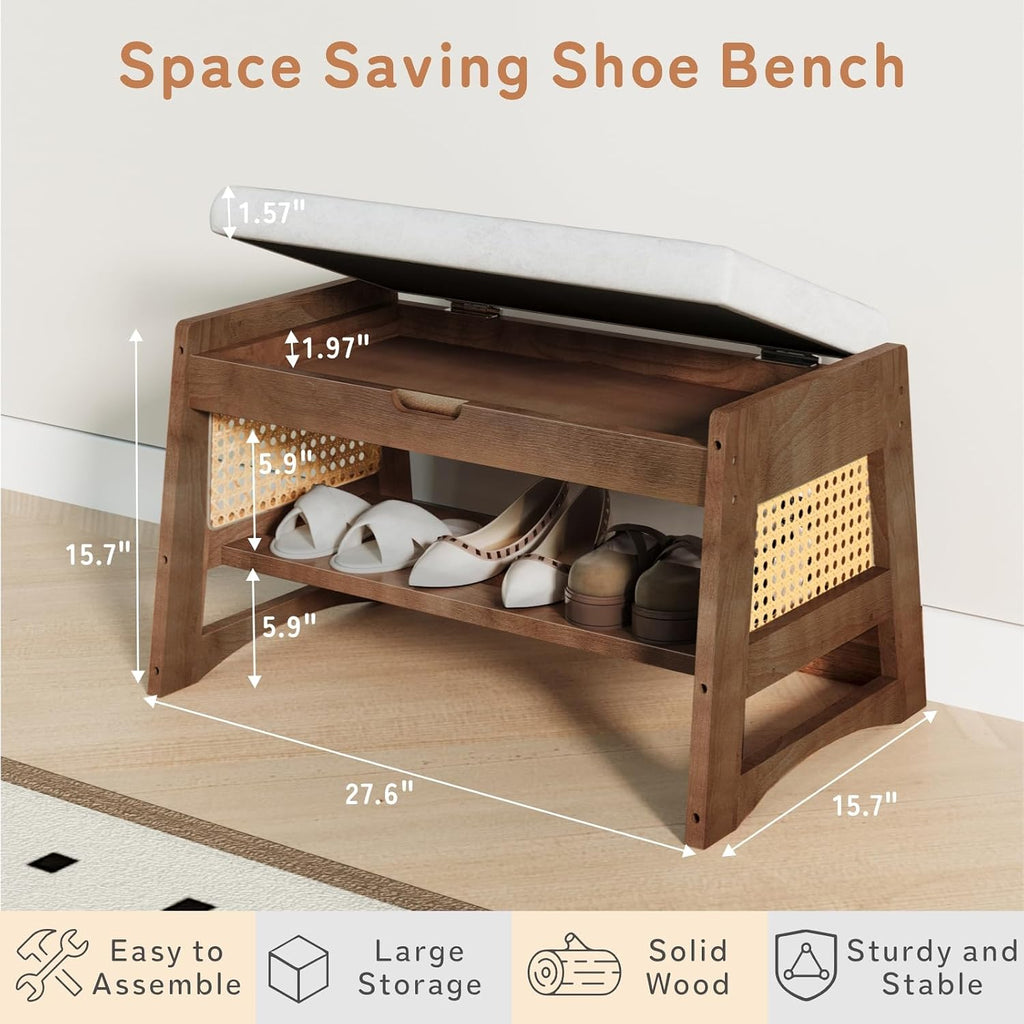 Wood Cushioned Flip Top Shoe Storage Bench