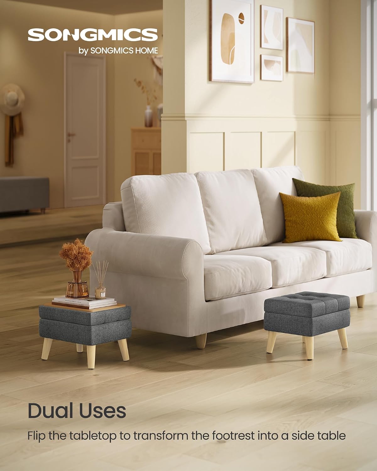 Gray Linen Fabric Storage Ottoman