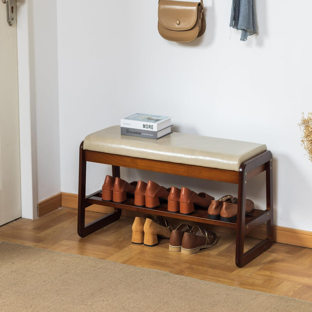 Gray Cushioned Wood Flip Top Shoe Bench
