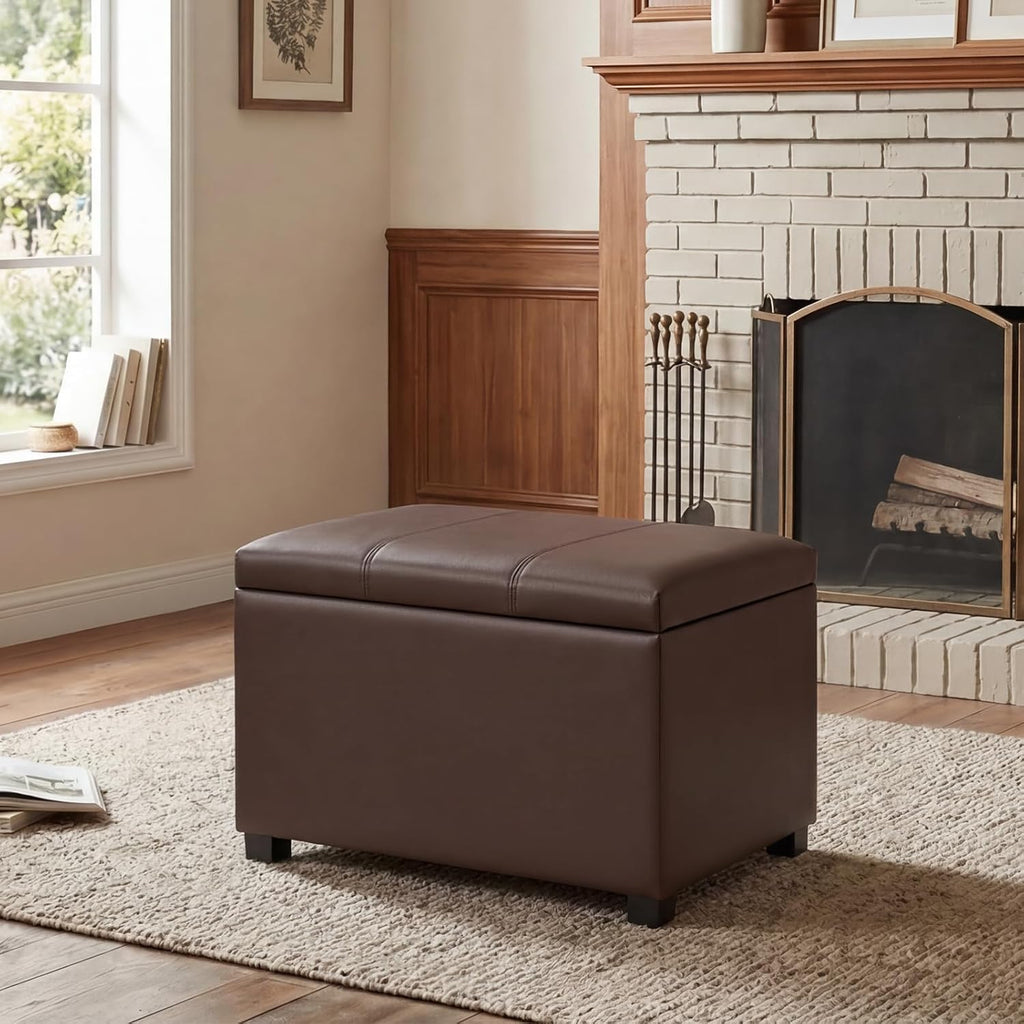 24 Inch Brown Leather Storage Ottoman Bench