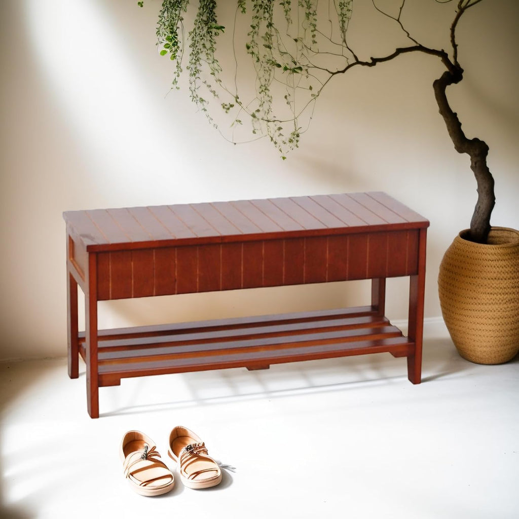 Cherry Wood Farmhouse Storage Shoe Bench