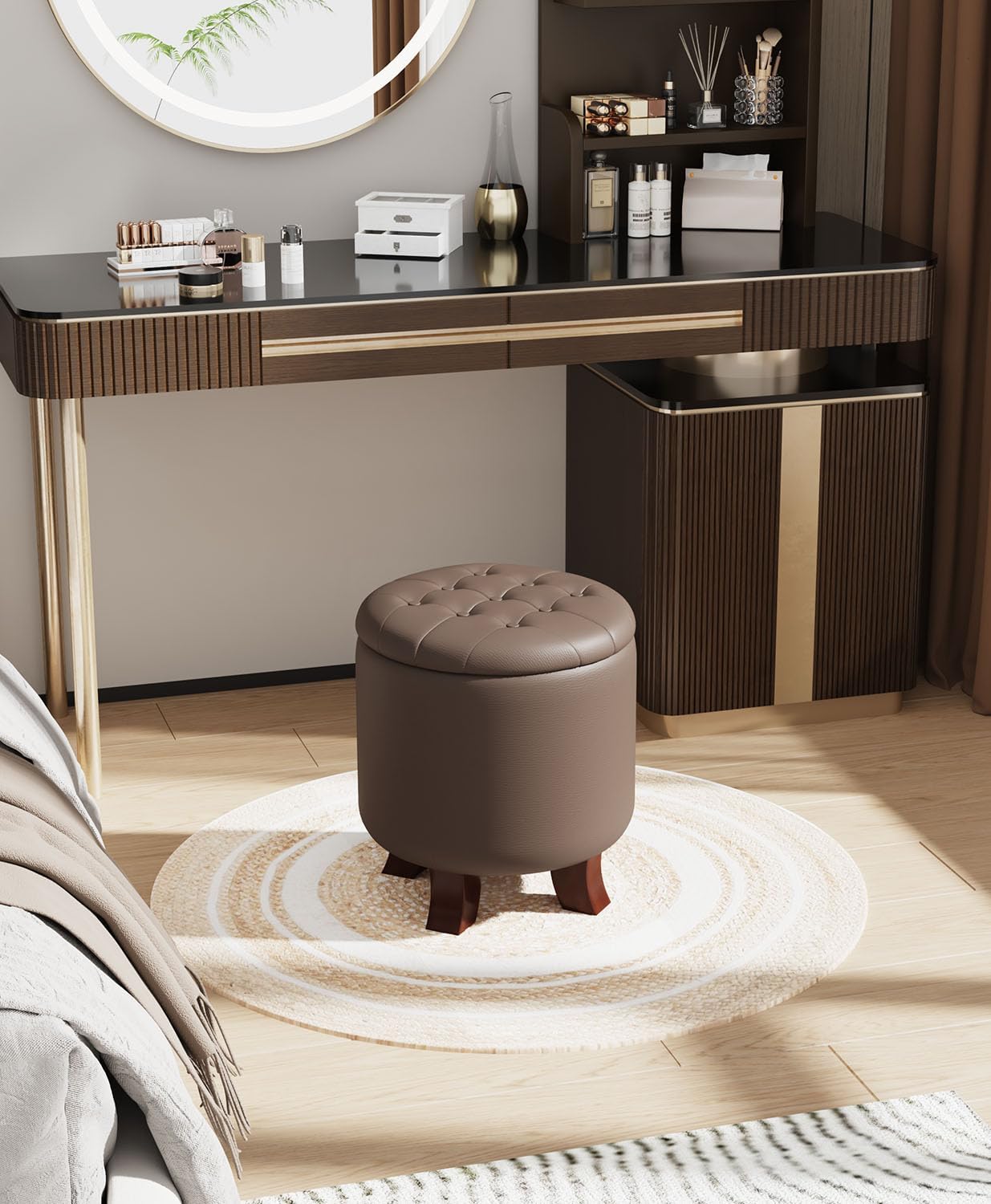 Round Brown Leather Storage Ottoman