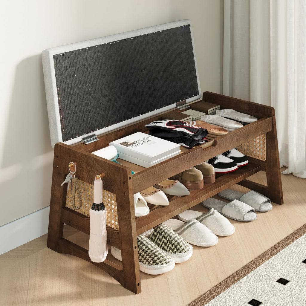 Wood Cushioned Flip Top Shoe Storage Bench