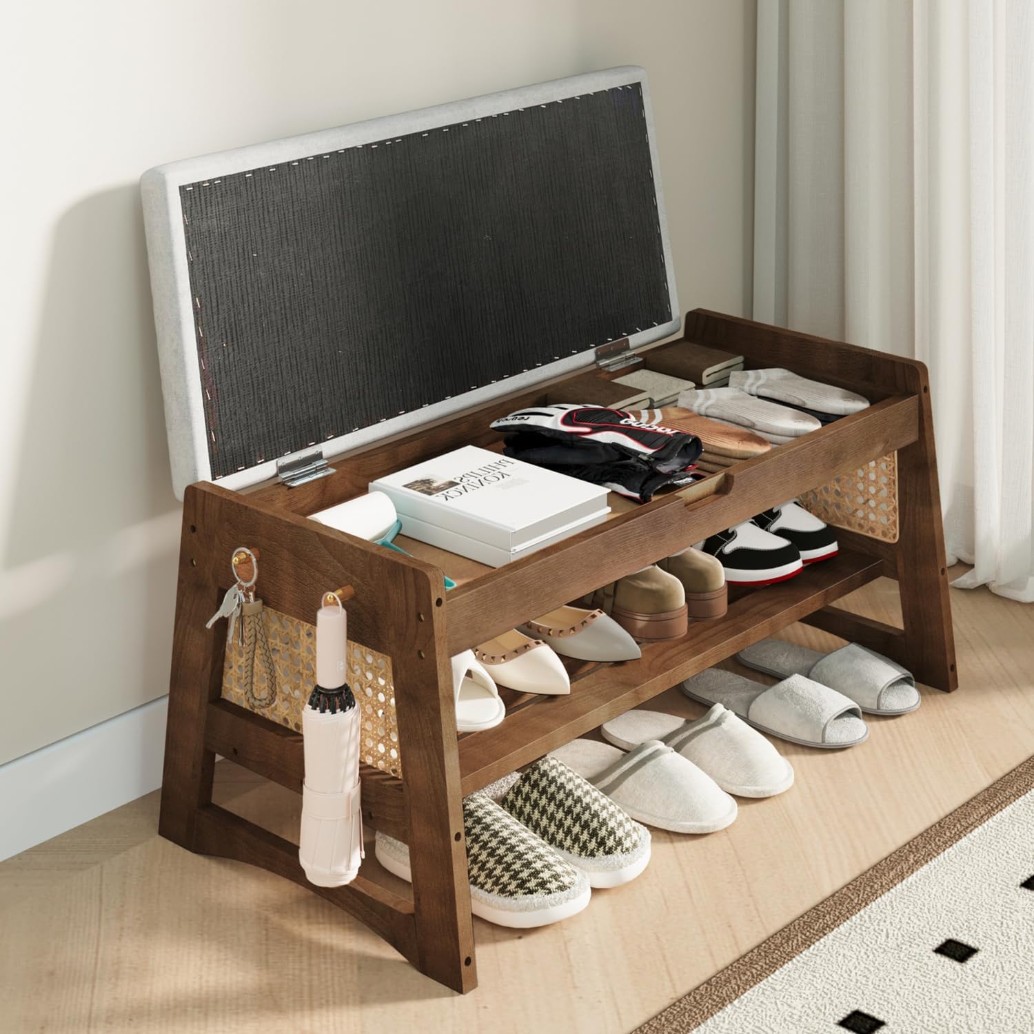 Wood Cushioned Flip Top Shoe Storage Bench