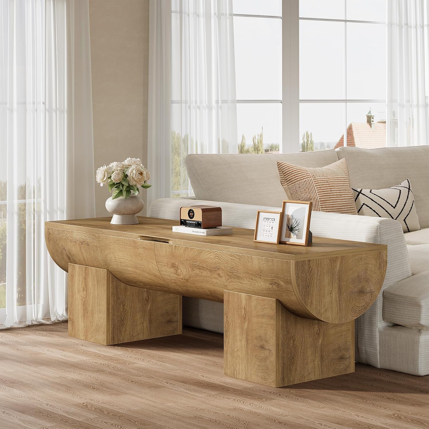 55 Inch Natural Farmhouse Flip Top Storage Bench