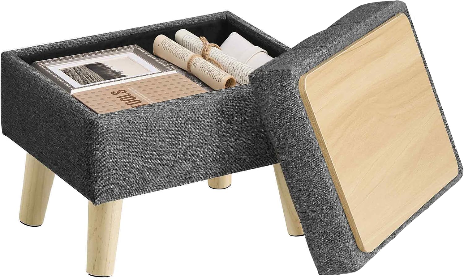 Gray Linen Fabric Storage Ottoman