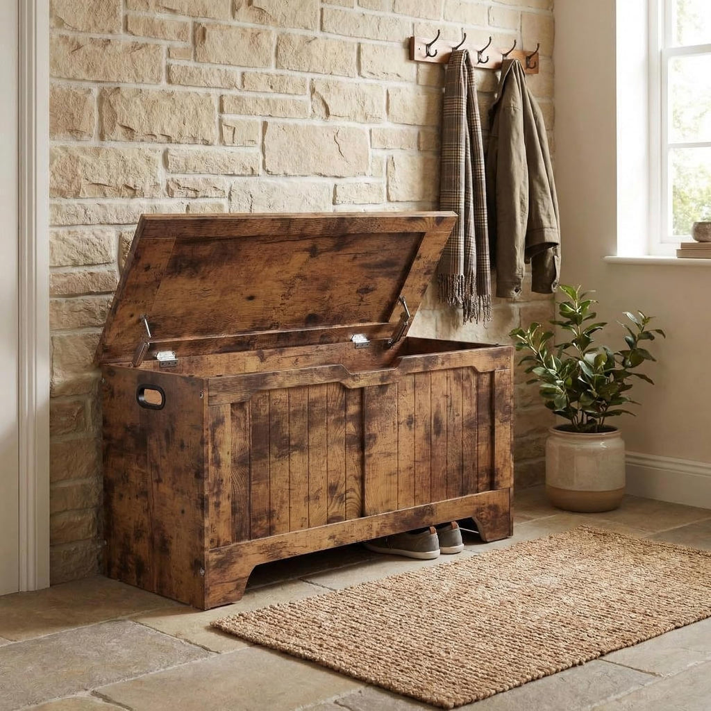 Farmhouse Safety Hinge Storage Bench