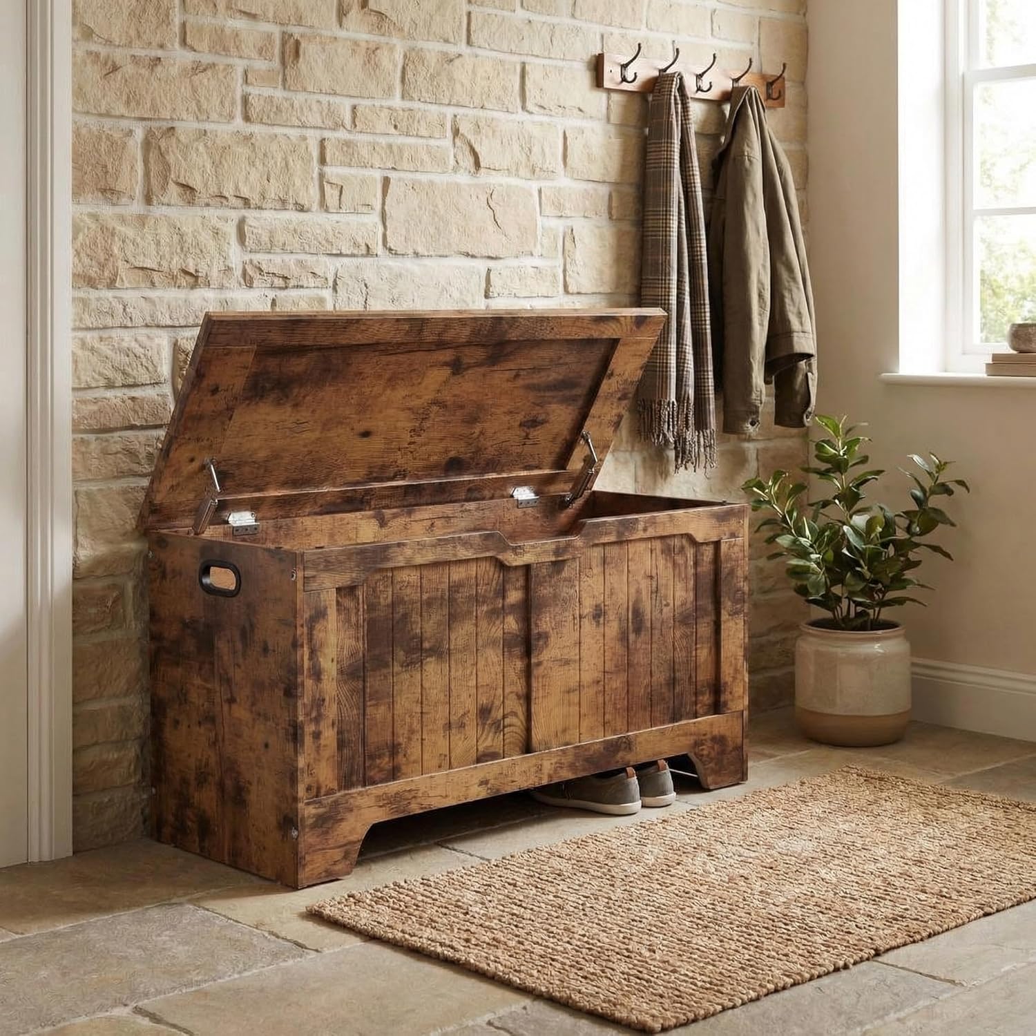 Farmhouse Safety Hinge Storage Bench