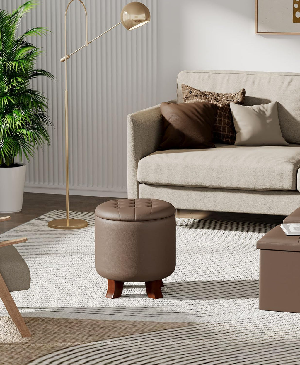 Round Brown Leather Storage Ottoman