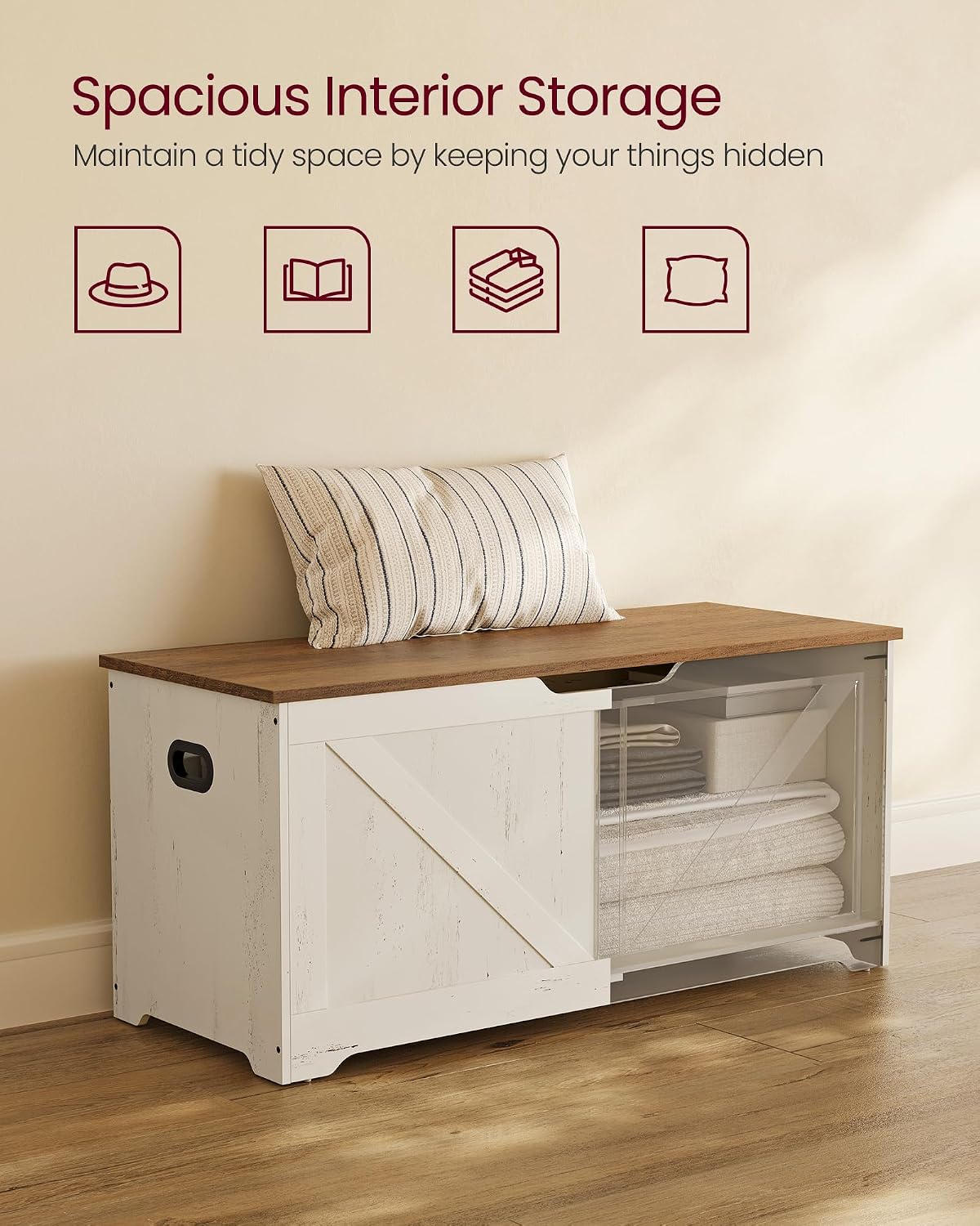 Honey Brown White Farmhouse Storage Bench