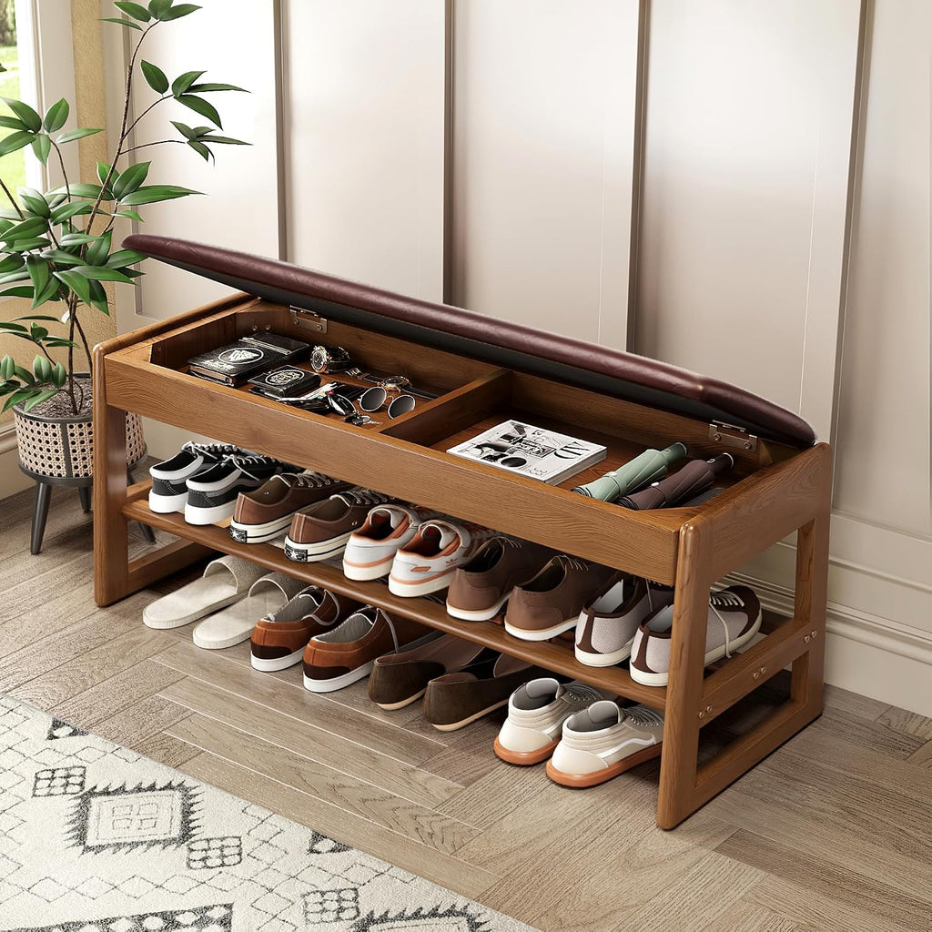 Wood Leather Cushion Storage Shoe Bench