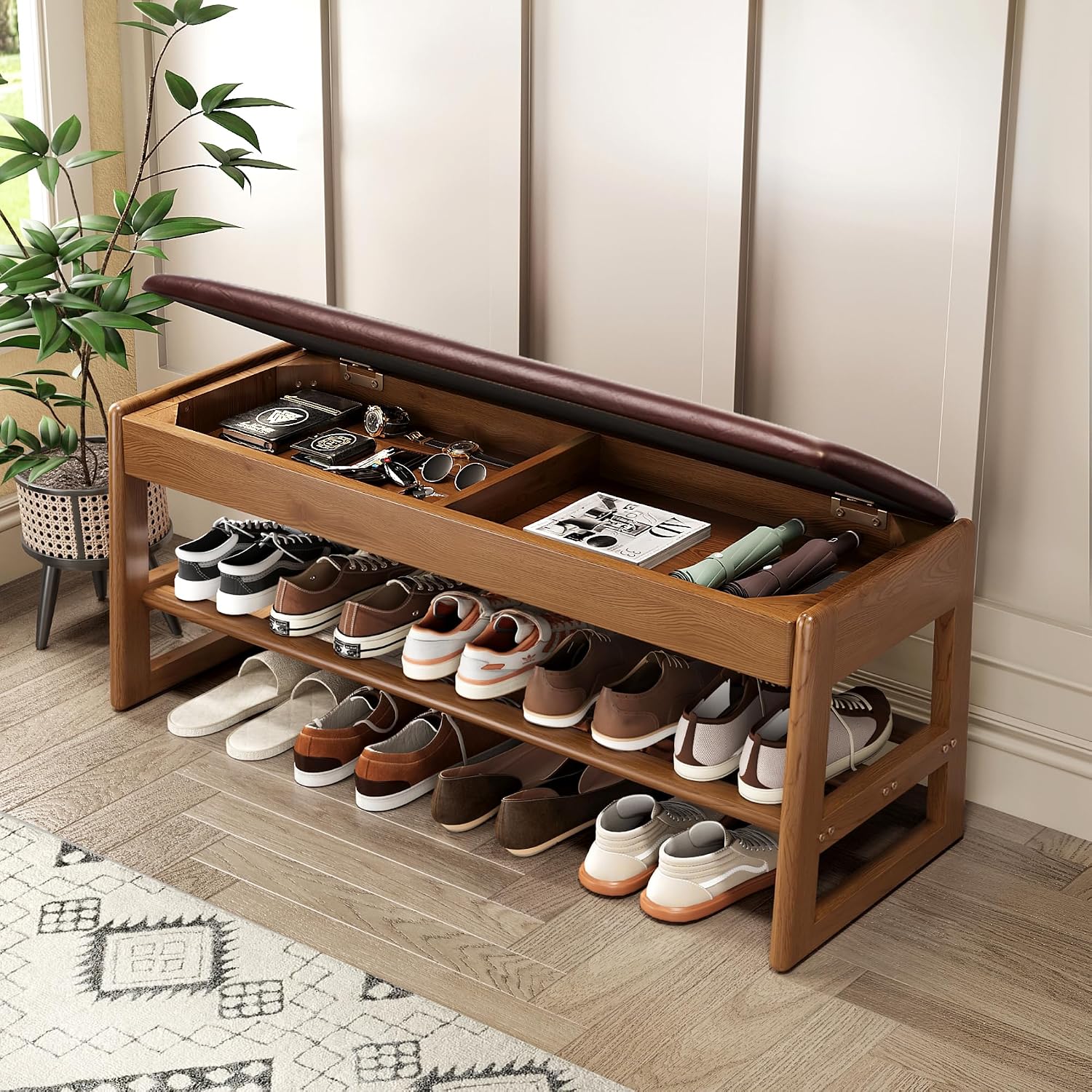 Wood Leather Cushion Storage Shoe Bench