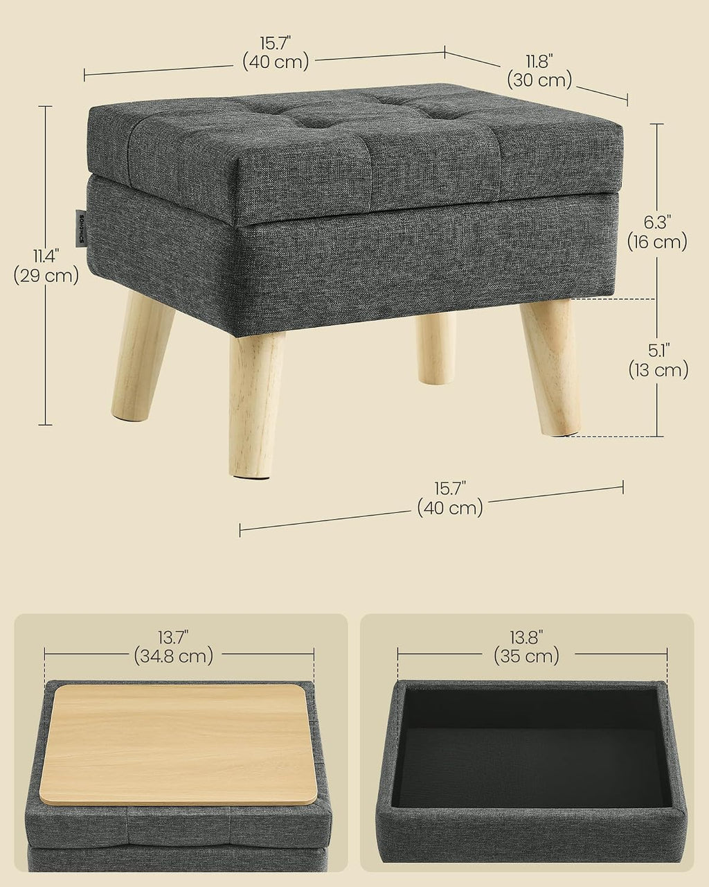 Gray Linen Fabric Storage Ottoman