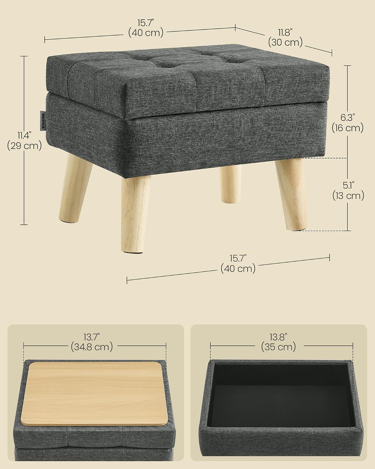 Gray Linen Fabric Storage Ottoman