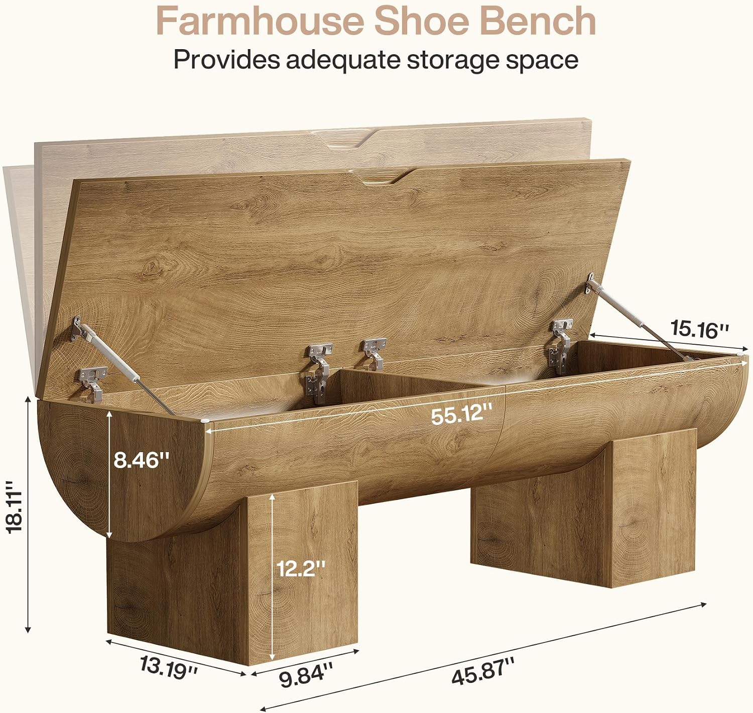55 Inch Natural Farmhouse Flip Top Storage Bench