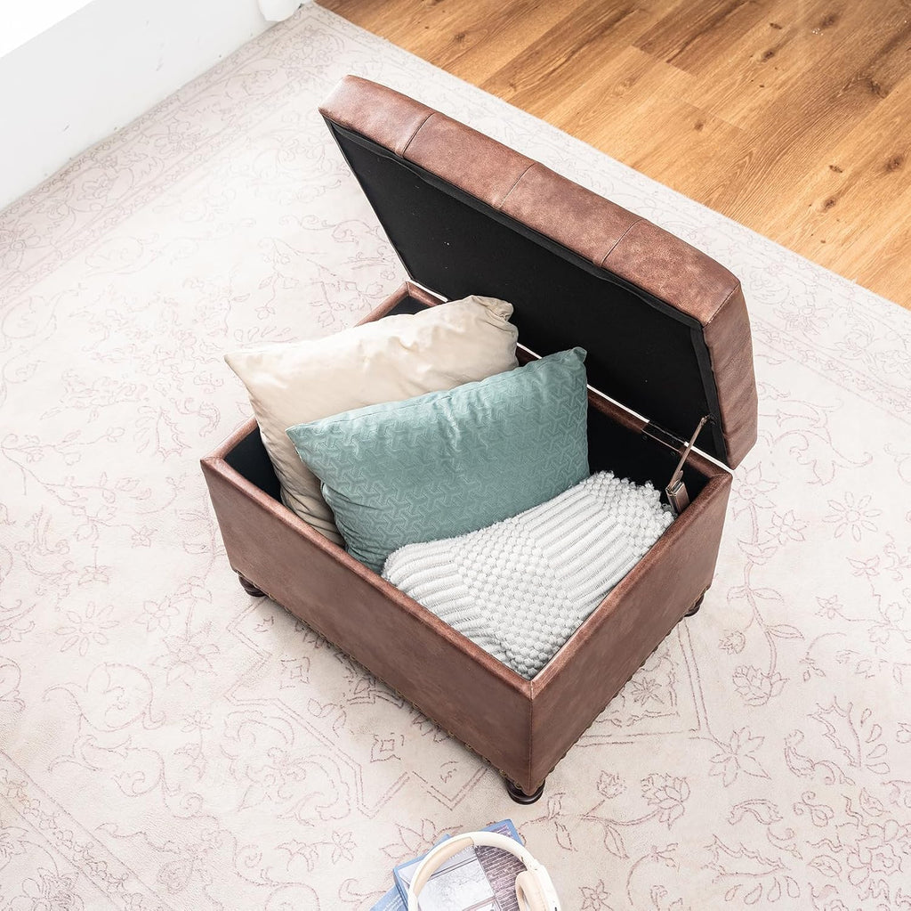 24" Tufted Leather Storage Ottoman Bench